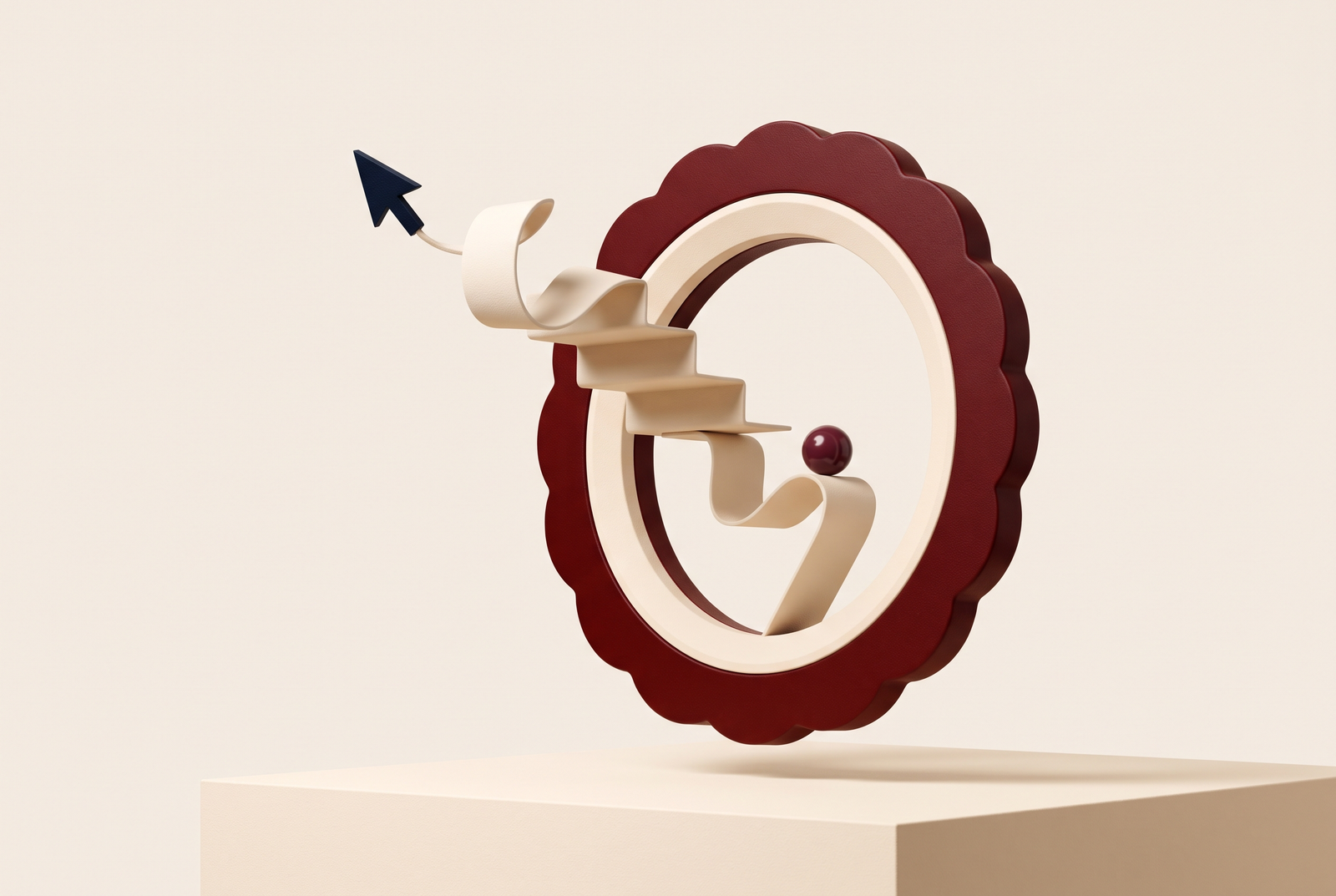 Burgundy scalloped sculpture with a folded cream pathway and an escaping navy cursor