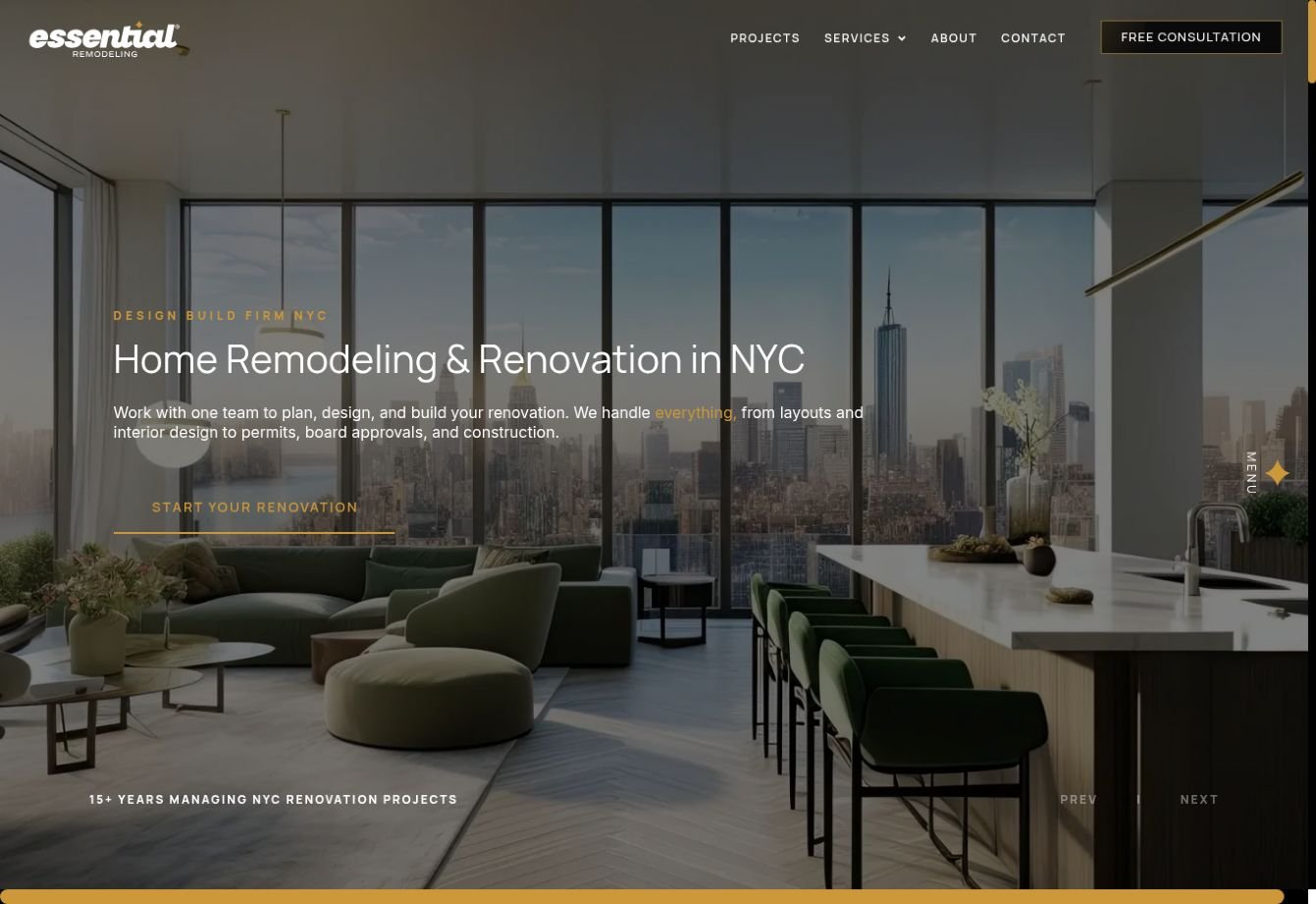 Essential Remodeling website: The opening experience: immersive interiors, dark framing and gold accents.