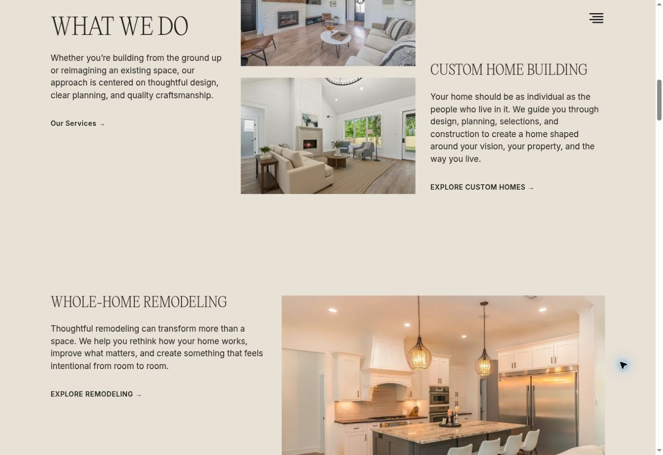 Handcrafted Homes website: Service storytelling, architectural imagery and a warm neutral palette.