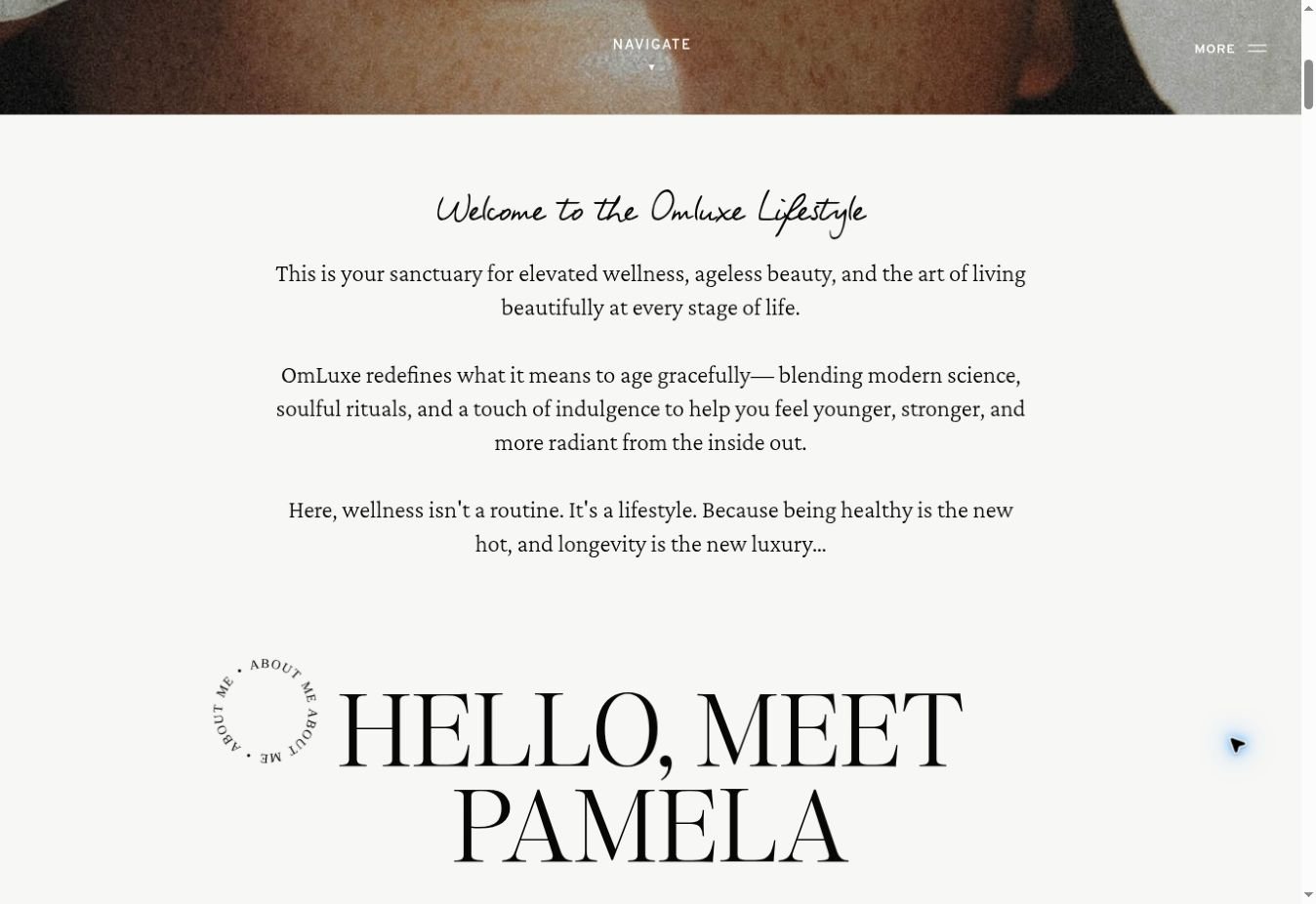 OmLuxe website introduction: spacious editorial layout and expressive typography.
