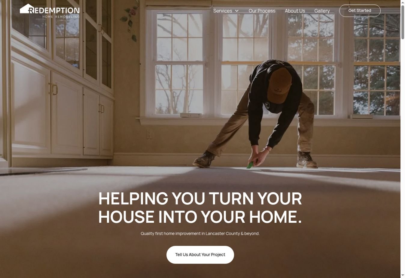 Redemption Home Remodeling website: The homepage opening: people, craft and a direct invitation.