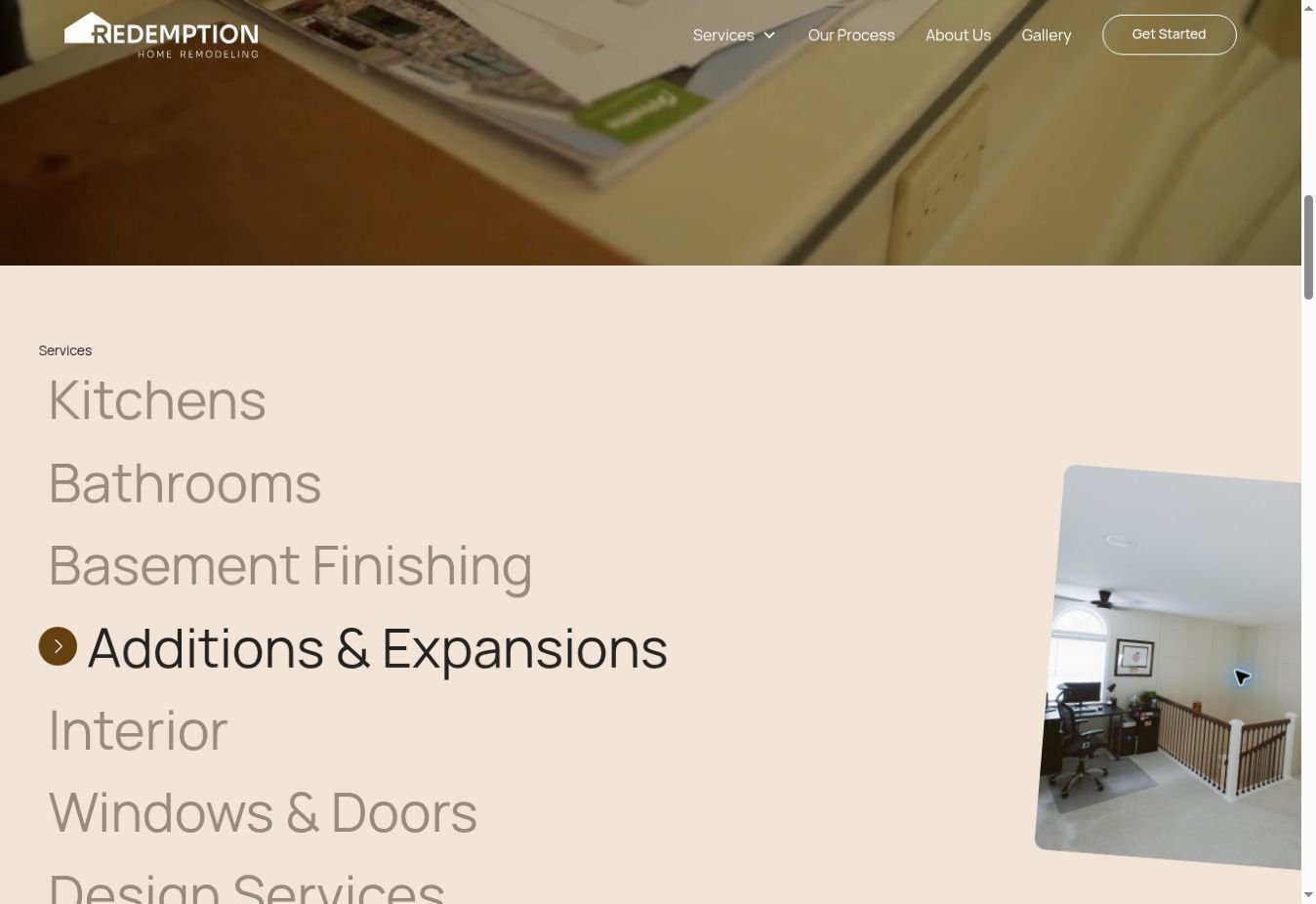 Redemption Home Remodeling website: A closer look at the service navigation and warm visual palette.